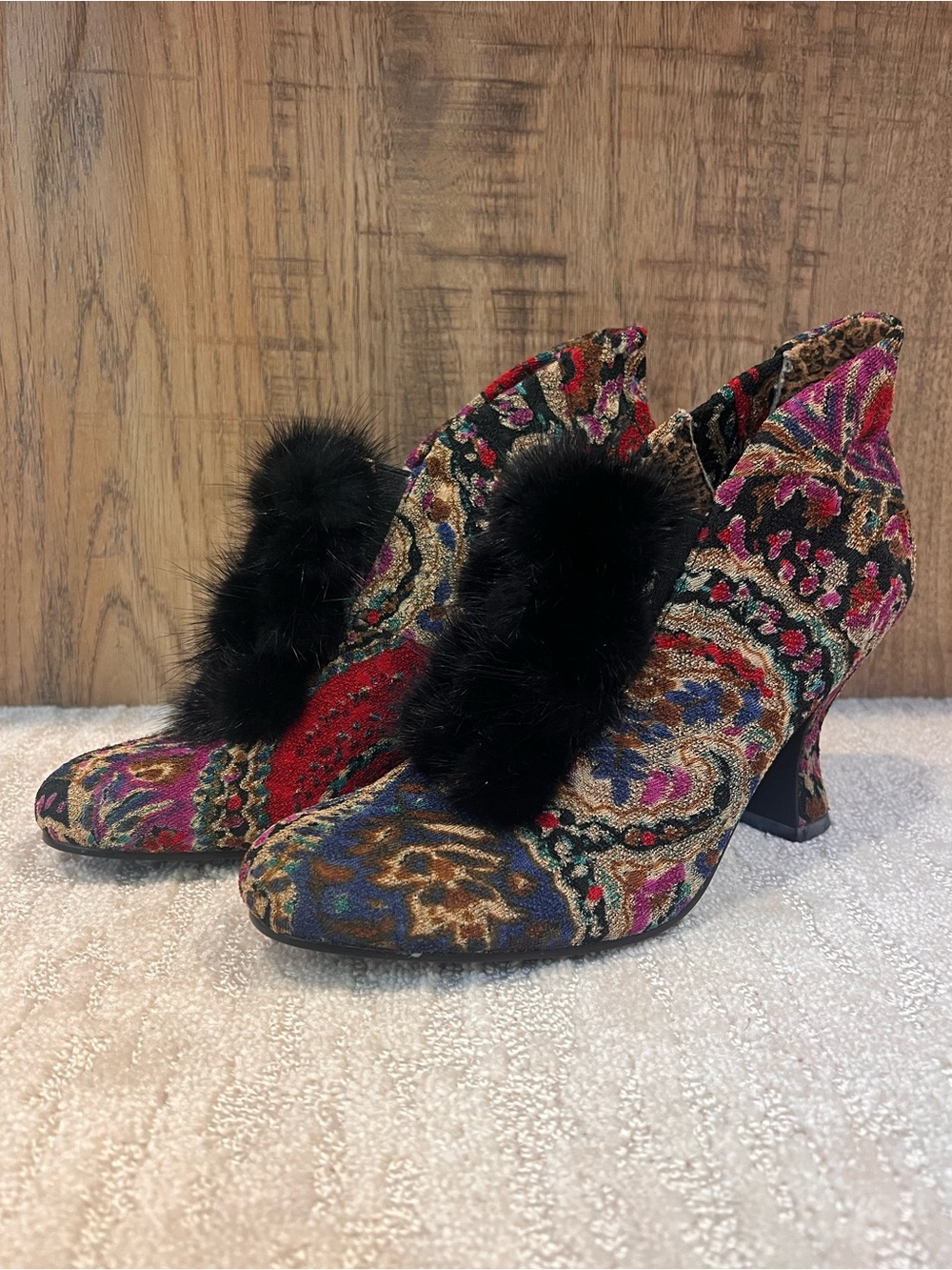 Orient Express Daisy Brocade Fur Trim Heeled Booties Size 7.5M